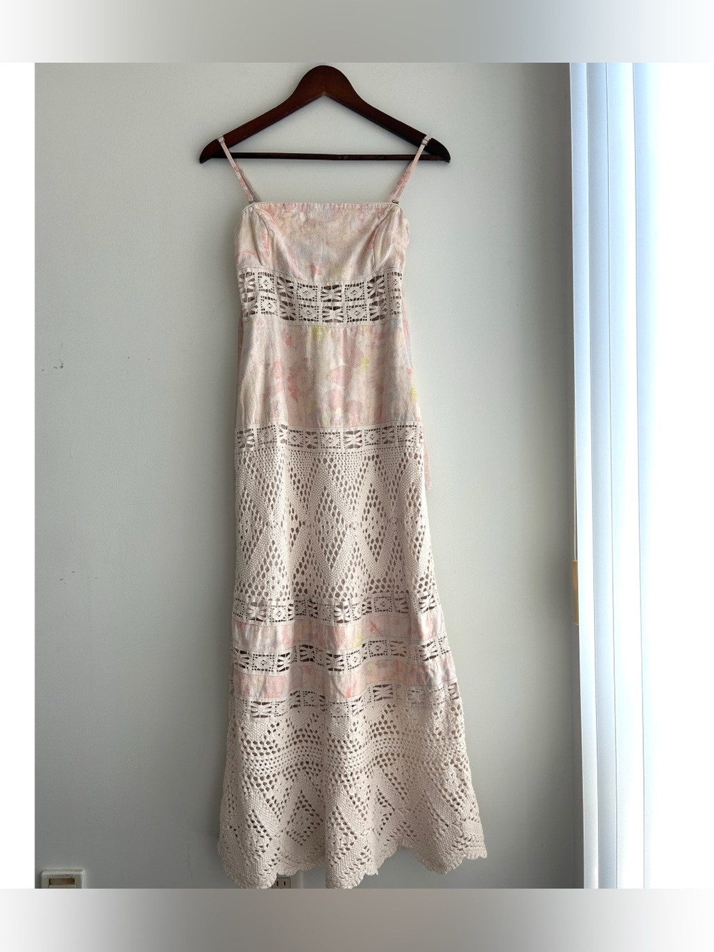 Free People Pale Pink Crochet Maxi Dress with Spaghetti Straps